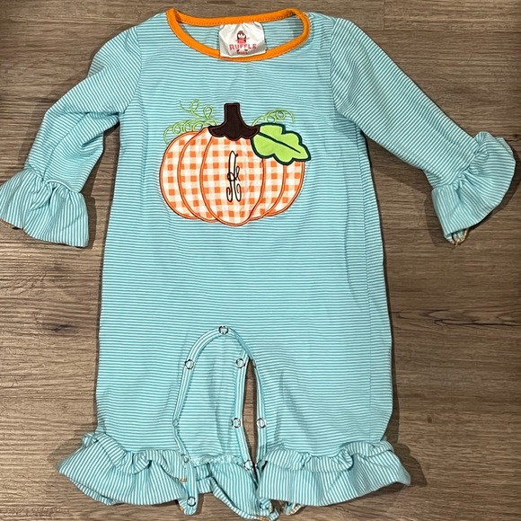 Blue and Orange Pumpkin Striped Ruffle Romper - Picture 1 of 4